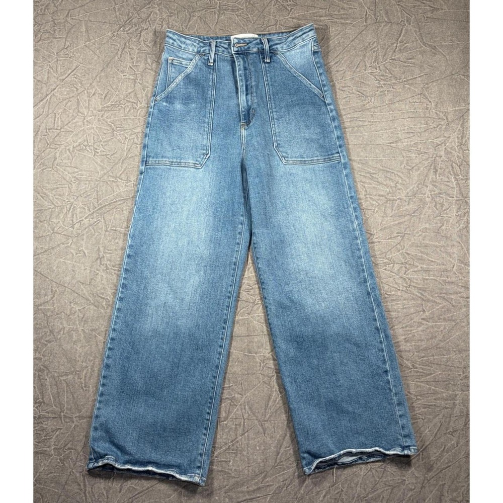 Just Black Denim Women 30 Blue Wide Leg Patch Pocket Raw Hem Jeans Made in USA